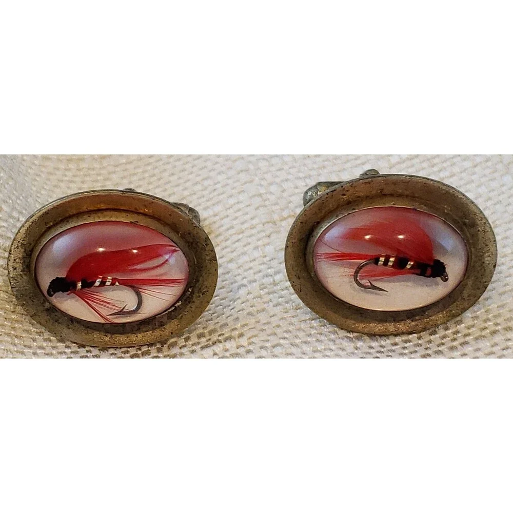 Vintage Unsigned Fly-Fishing Gold Tone Metal Tie Bar and Cufflinks Original Box